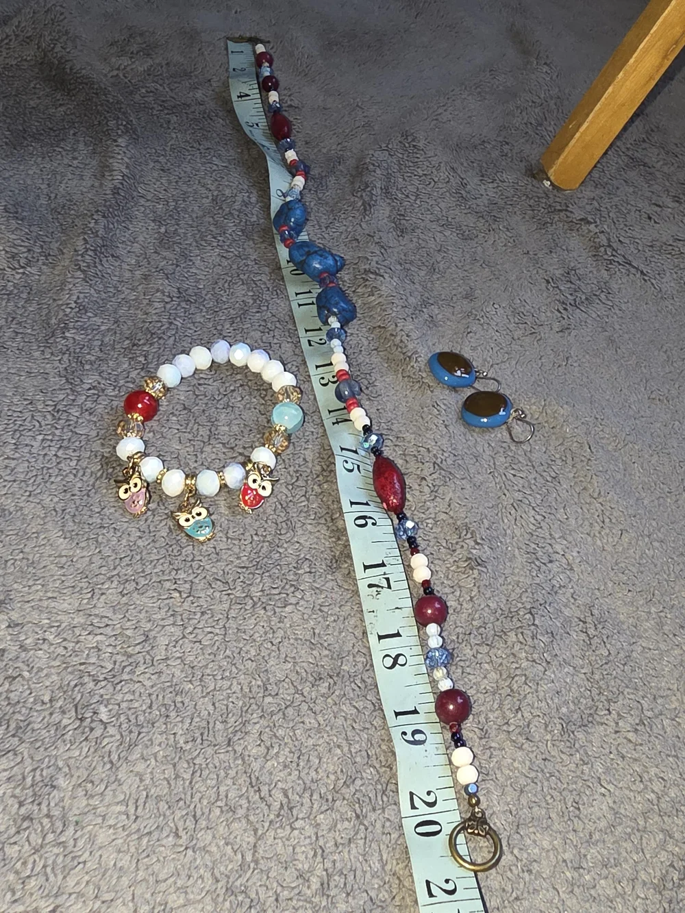 Blue Stone & Red, White Bead Necklace & Owl Charm Bracelet Set